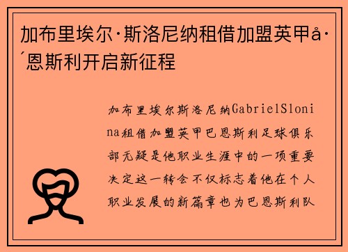 加布里埃尔·斯洛尼纳租借加盟英甲巴恩斯利开启新征程